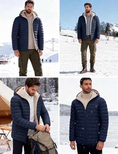 Image of Cotrasen Mens Puffer Jacket Sherpa Lined Water Resistant Hooded Full Zip Mid-Weight Warm Insulated Winter Coat