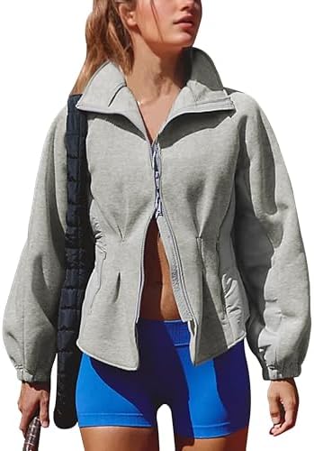 Women's Zip Up Sweatshirt with Balloon Sleeves Casual Athletic Jacket for Workouts Cropped Tops with High Low Hem