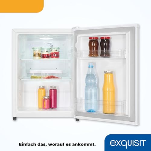 Exquisit Mini Kühlschrank | 50 l Nutzinhalt, Energieeffizienzklasse E, 41 dB, 81 kWh/Jahr | LED-Beleuchtung, manuelle Temperaturregelung, wechselbarer Türanschlag | KB560-V-091E weiss