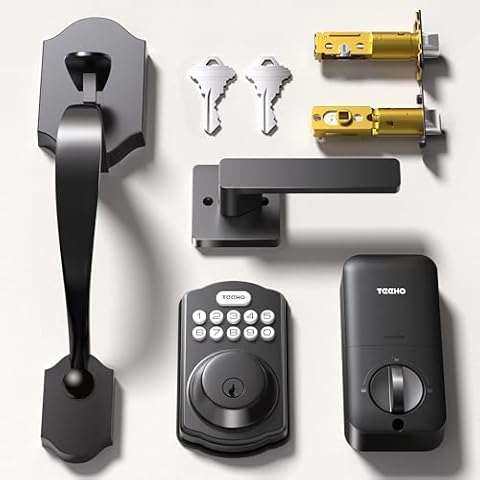 TEEHO Keyless Entry Door Lock Deadbolt with Handle Set- Electronic Digital Keypad Deadbolt - Front Door Lock Set with 2 Keys - Auto Lock - Easy Installation - Matte Black Cover