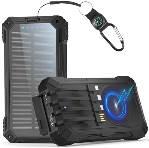 Solar Powerbank 56800mAh, 15W Wireless Charger, PD 30W USB-C Schnellladen | Solarladegeräte mit 4 Kabeln, 3 Port (2 USB & 1 Type-c), LED Leuchtanzeigen, Taschenlampe, Externe Handy