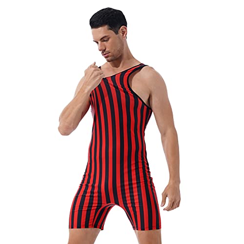Men's Striped Print One Piece Wrestling Singlet Stretchy Bodysuit Sleeveless Tights Leotard2