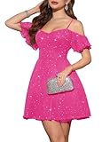 Meetjen Prom Dresses for Women Sparkly Tulle Cocktail Fancy Dress Modest Flowy Off The Shoulder Mini Dress Hot Pink XL
