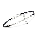 Ross-Simons Sterling Silver and Black Leather Sideways Cross Bracelet. 7 inches