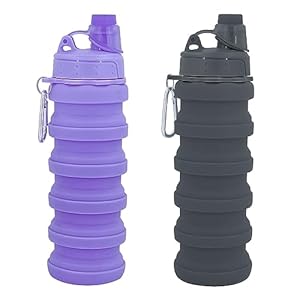 Collapsible Water Bottles Two Pack Travel Sports Portable Sport Water Bottle comes with mountaineering Buckle 500ml silicone Water-proof camping water bottle (Purple and Grey Color)