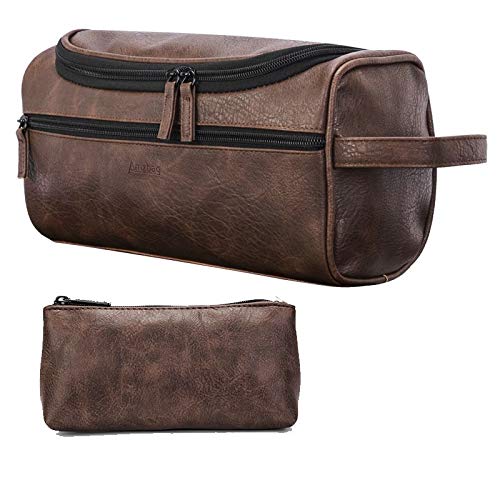 PU Leather Toiletry Bag for Women- Dopp Kit For Travel,MRSP Hanging Large Travel Makeup bag/ with Handle and Hook, Travel Organizer for Men and Women,Toiletries Organizer PU Leather Bags (Standard, Brown)