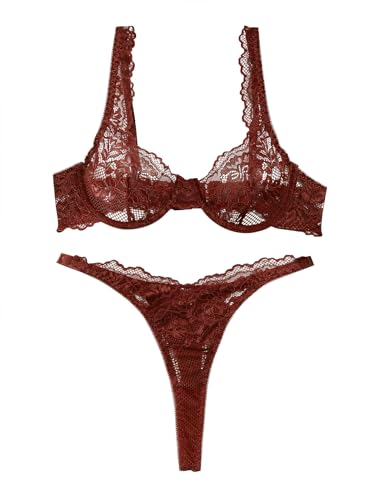 Image of Lilosy Sexy Floral Lace Scallop Underwire Push Up Sheer Lingerie Set Outfits Women See Through Match Thong Bra and Panty 2 Piece Brick Red Medium