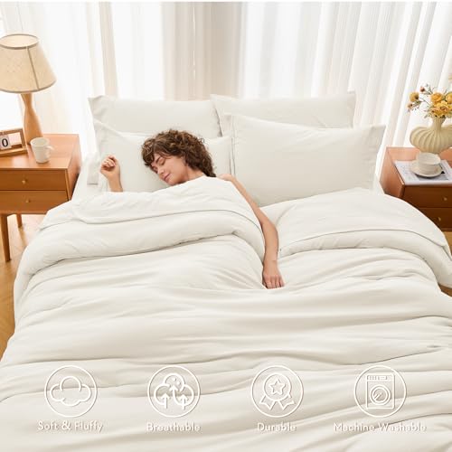 MUXHOMO 7 Pieces Full Comforter Set, Soft Bed in a Bag Full Size, All Season Bedding Set with Comforter, Flat Sheet, Fitted Sheet, Pillowcases & Shams, Ivory