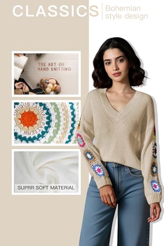 Womens Classic Boho Floral Crochet Long Sleeve Sweaters Casual Pullover Knitwear for Fall Winter Basic Tops 20242