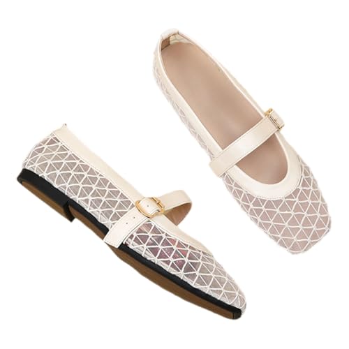Womens Mary Janes Mesh Flats Shoes Comfortable Buckle Strap Close Square Toe Ballet Flats Comfy Casual Office Fishnet Ballerina Shoes