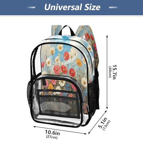 Wild Flowers Oil Painting Clear Backpack - Stadium Approved Large 15.7-inch Waterproof Transparent Bag for Sports, Concerts, Work, Travel#2424
