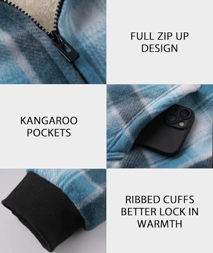 Image of ZITY Heavy Thick Hoodies for Men Plaid Flannel Warm Sherpa Fleece Lined Winter Full Zip Up Coat