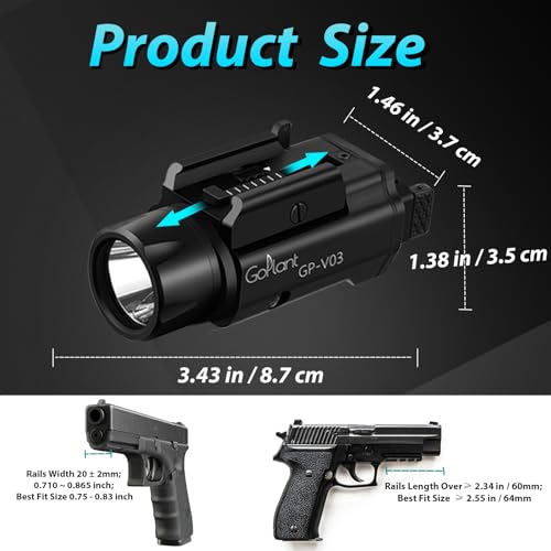 GOPLANT 1500 Lumens Weapon Laser Light Combo - Adjustable Rail LED Light and Green Laser Flashlight, Magnetic Rechargeable Strobe Sub-Compact Tactical Light for Picatinny or GL Rail - Thumbnail 5