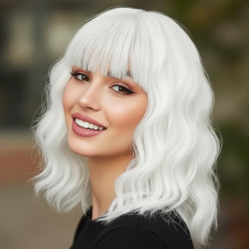 Image of AGO White Wavy Wig with Bangs,Short Curly Bob Wig Shoulder Length 14Inch Synthetic Hair for Women Girl Heat Resistant Synthetic Colorful Wigs for Daily Party Halloween Cosplay Use(60#White)