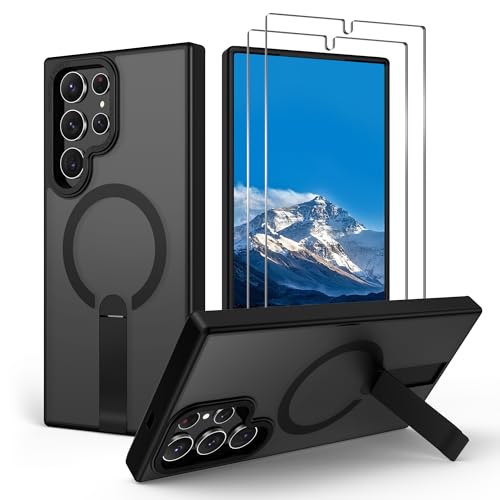 Aropuktek for S22-Ultra Case: with 2 PCS Screen Protector for Galaxy S22 Ultra Case Strong Magnetic Compatible with MagSafe Built-in Stand Matte Translucent Case for Samsung Galaxy S22 Ultra Black