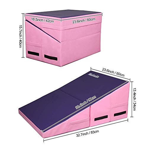 Matladin 32.7"X 23.6"X13.4" Incline Gymnastics Mat, Folding Gymnastics Cheese Wedge Mat, Gym Fitness Tumbling Skill Shape Mat For Kids Girls Home Training Exercise (Purple+Pink, Small) #TOP1