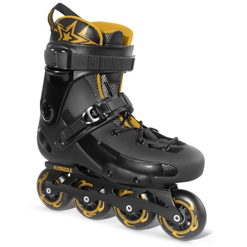 FLYDAZZLE Mens Inline Skates for Urban Freeride Skating - ABEC-9 Bearings High-Impact PP Shell Ankle Support All-Weather Buckle (Black/Golden US 10)