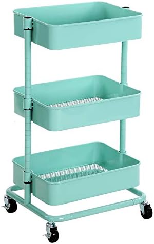 SONGMICS 3-Tier Metal Rolling Cart, Utility Cart, Kitchen Cart with Adjustable Shelves, Storage Trolley with 2 Brakes, Easy Assembly, for Kitchen, Office, Bathroom, Mint Green UBSC60M