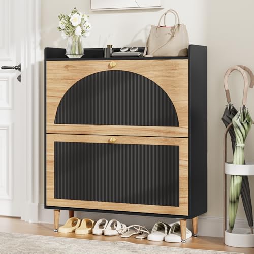 Image of Shoe Storage Cabinet with 2 Flip Drawers, Shoe Organizer Storage with Adjustable Shelves, Freestanding Hidden Slim Narrow Shoe Rack Cabinet for Entryway, Foyer, Hallway, Living Room