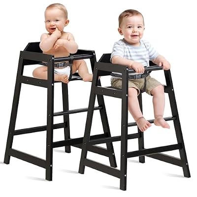 Neoflavie 2 Pack Wooden High Chairs for Babies and Toddlers, Restaurant-Style Stackable High Chair with Commercial Grade Solid Wood for Dining Table & Kitchen, Easy to Clean Baby Booster Seat -Black