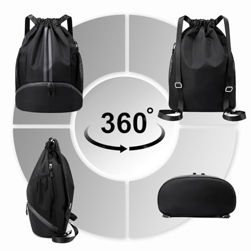 Sports Drawstring Backpack - String Swim Gym Bag with Shoes Compartment and Wet Proof Pocket for Women&Men， Pull String Sport Bag for Soccer and Basketball. (Black)