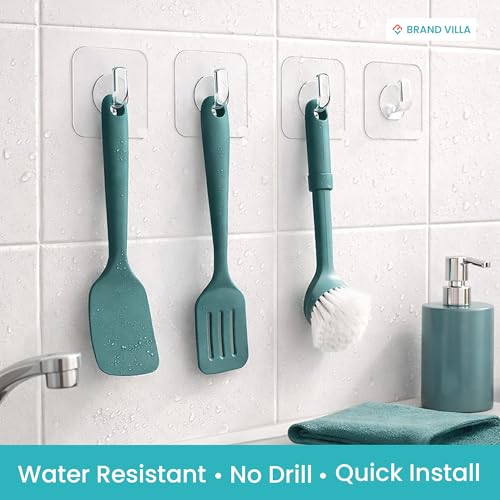 Image of BRAND VILLA Adhesive Wall Hooks Heavy Duty, Waterproof No Drill Clear Sticky Hooks for Bathroom Kitchen Shower, Strong Self Adhesive Hooks for Towels, Utensils, Keys - Damage-Free (20 Pack)