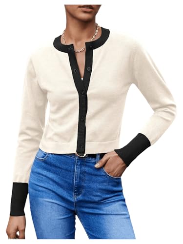 Image of WDIRARA Women's Button Front Crop Cardigan Sweaters Long Sleeve Contrast Trim Knit Cardigan Tops Apricot Small