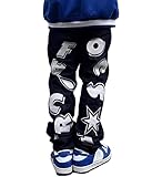  ORANDESIGNE Jeans Hip Hop Homme Jean Imprimé Coupe Droite Vintage Denim Pantalons Baggy Lâche Fit Jambe Droite Pantalon Rétro Garçons Adolescents Streetwear T Bleu Foncé S