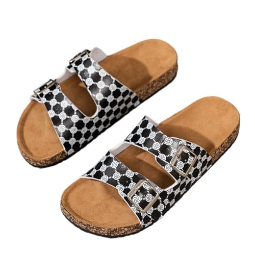 Geerta Women Slide Sandals Checkered Open Toe Adjustable Flat Comfort Slip On Slippers for Summer Business Office Standing All Day Lightweight Running