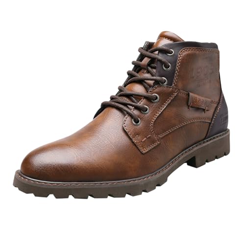 Botas de cuero para hombre vintage de media altura con tacón de bloque, mocasines modernos, botas cortas con cordones cómodas con parte superior de cuero, botas de motocicleta casuales, botas de