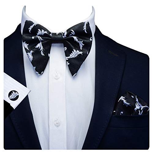 GUSLESON Floral Big White Bowtie and Pocket Square Cufflink Adjustable Silk Pre-tied Black Bow Tie Set (0617-03)
