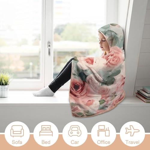 Couverture à capuche portable douce imprimé roses pour voyage et maison