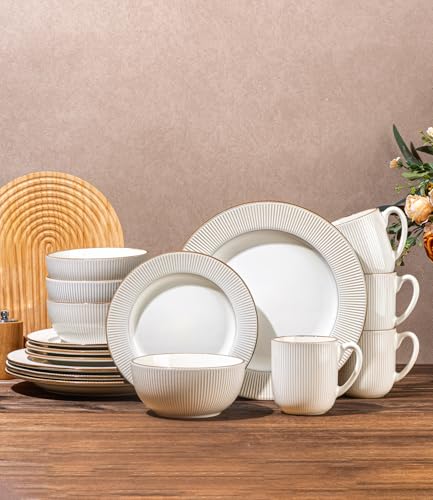 Image of GBHOME Ceramic Dinnerware Sets,16 pcs Embossed Elegant Stoneware Plates and Bowls Sets, Housewarming Wedding Gift | Dishwasher & Microwave Safe | Dishes Set Service for 4