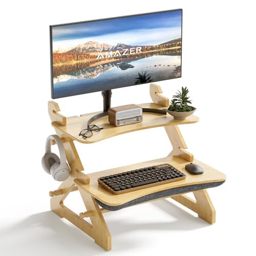 Amazer Bamboo Standing Desk Converter, Height Adjustable Sit Stan...