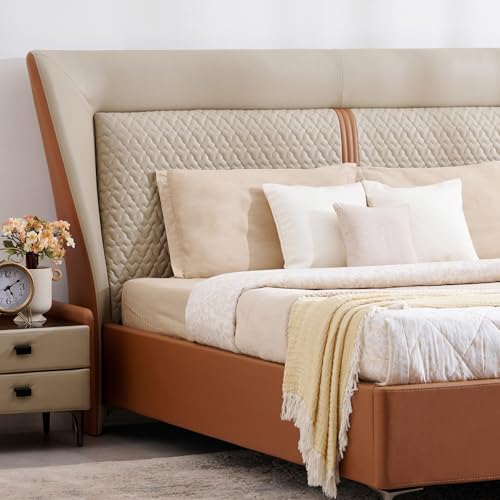 Image of Home Centre | Tiffany Caramel Faux Leather King Size Bed | Solid Wood | Beige | 1 Year Warranty