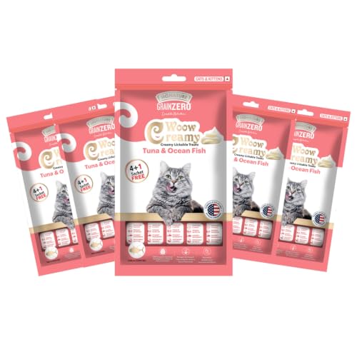 Image of Grain Zero Creamy Lickable Cat Treats (75g x 5 Pouches) Total 375g | Tuna & Ocean Fish | Promotes Hydration | No Artificial Preservatives | Best for Training & Bonding | for Kitten & Adult