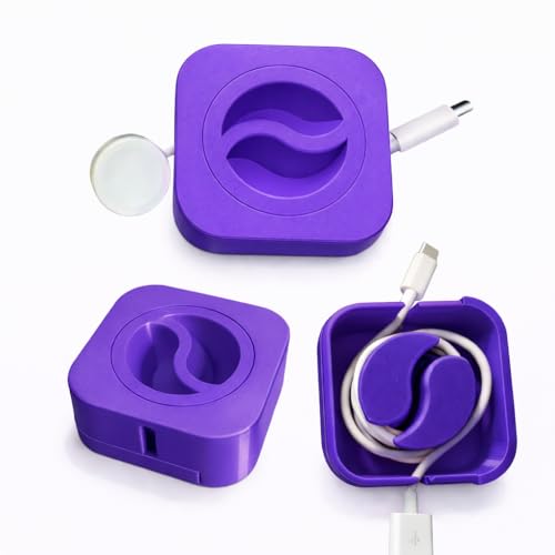 Image of Cable Winder Box Retractable Charging Cable Case USB Organizer Box | Portable Cable Winder Reel Spool Wrap Holder | Travel Desk Cord Management Storage Tangle Free (Purple)