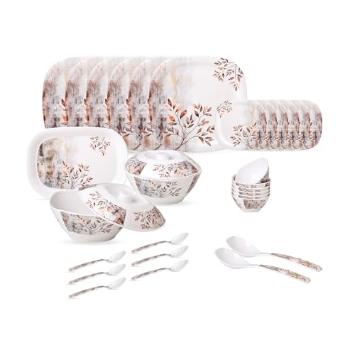 Image of Golden Fish 31 Pcs Complete Dinner Set for 6 with Rice Plate | 6 Full Plates, 6 Quarter Plates, 6 Veg Bowls, 2 Donga with Lid, 2 Serving Spoons & 6 Eating Spoons | Full Meal Serving Combo