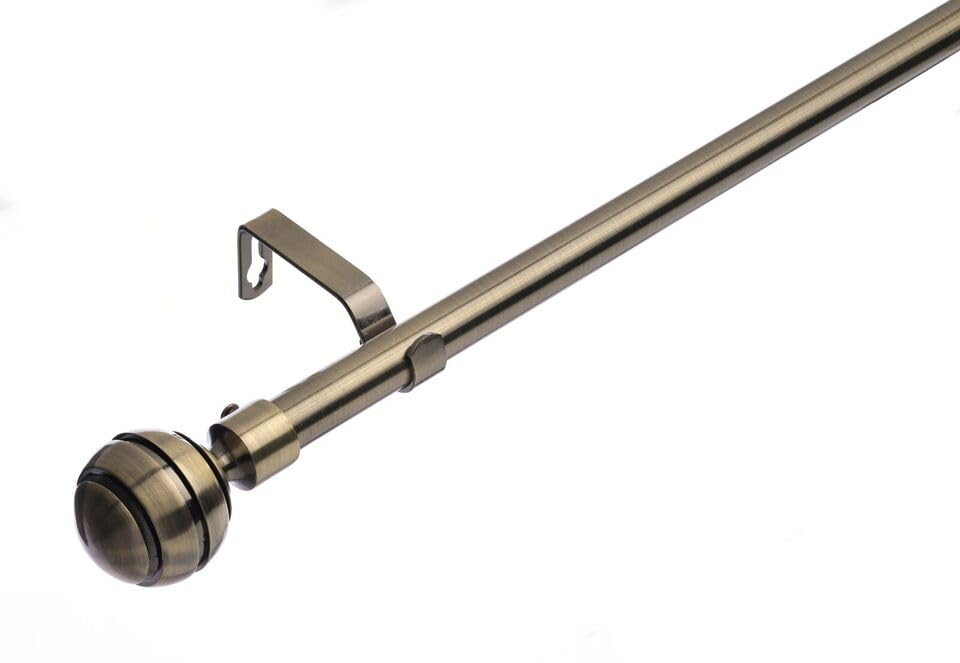 Lister Cartwright 19 mm Curtain Pole for Windows, Extendable 70–120 cm, Antique Brass Metal Rod with Ribbed Ball Finials, Adjustable Drapery Pole for Eyelet Curtains, Living Room,Bedroom Non Slip — image 1