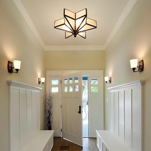 Image of LIGHTLAND 11.8 Inch Flush Mount Star Ceiling Light, 3 Lights Brass Ceiling Lamp with Glass Lampshade, Art Deco Close to Ceiling Light Fixtures for Entryway Hallway Porch, Black
