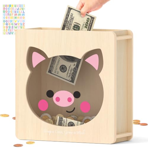 Image of Summidate Wooden Money Saving Box, Clear Window Cash Vault Savings Box with DIY Stickers, Reusable Personalized Piggy Bank for Kids & Adults, Birthday /Baby Shower /Wedding Gift