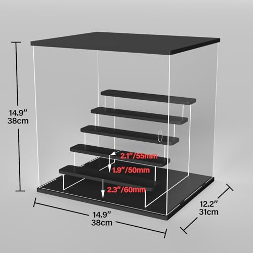 Image of Clear Acrylic Display Case with LED Light, 6 Tier Dustproof Showcase for Collectibles, Figures & Model Cars, Stackable Display Box (Black, 15x12x15 in)