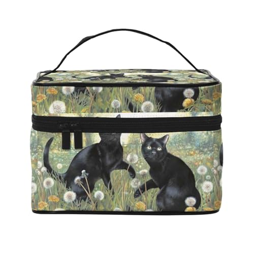 花 黒猫 ネコ柄 猫柄. 化粧ポーチ メイクボックス 化粧品収納 洗面用具ポーチ コスメポーチ 大容量 可愛い 軽量 防水 ポーチ コスメぽーち 男女兼用