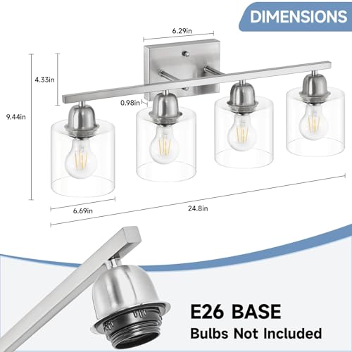 Image of Modern Brushed Nickel 4 Light Bathroom Light Fixtures, 24 inch Vanity Lights for Bathroom with Clear Glass, Bathroom Vanity Light for Mirror Kitchen Living Room Hallway Cabinet Porch