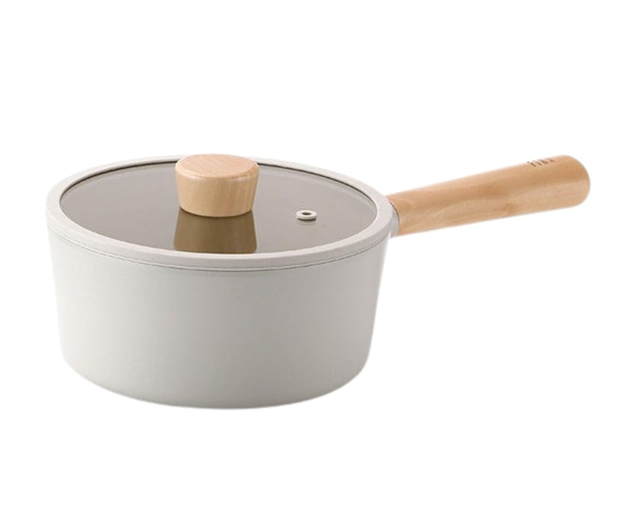 FIKA Kitchen Nonstick 1.7QT Sauce Pan with Glass Lid, Butter Warmer, Melting Saucepot, Induction Compatible Cookware, Healthy Cooking Ceramic Coating Pot with Wood Handle, Made in Korea (7"/ 18cm)
