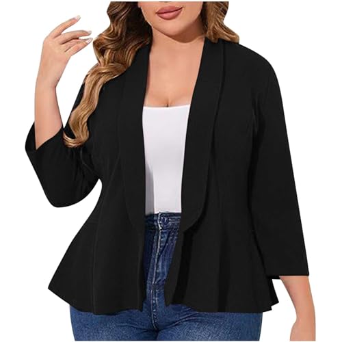 Plus Size Blazer for Women 3/4 Sleeve Open Front Lightweight Work Office Suit Jacket Cute Shawl Collar Ruffle Cardigan