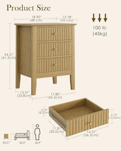 Image of Fluted Nightstand, Farmhouse Night Stand with 3 Drawers, Mid Century Modern Side Accent Table,Bedside End Table for Bedroom, Living Room, Oak