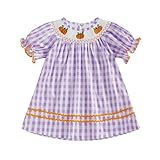 Kids Baby Girl Halloween Outfit Short Puff Sleeve Plaid Pumpkin Embroidery Smocked Dress Toddler Fall Halloween Dress (Purple, 4-5 Years)