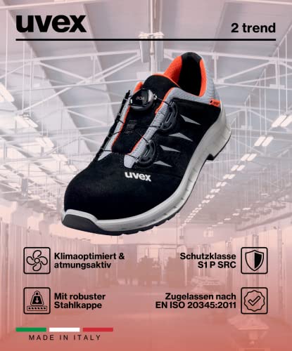 Foto von Uvex 2 Trend Halbschuh mit BOA Fit System, Sicherheitsschuhe S1 P SRC, Arbeitsschuhe für Herren, Schwarz/Grau/Orange, Größe 44