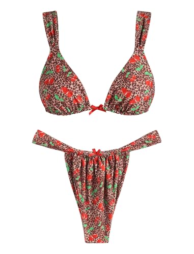 ZAFUL Bikini Sets for Women Triangle Bow Decor Ruffle Straps Lace up Swimsuit 2 Pieces High Cut Bathing Suits
